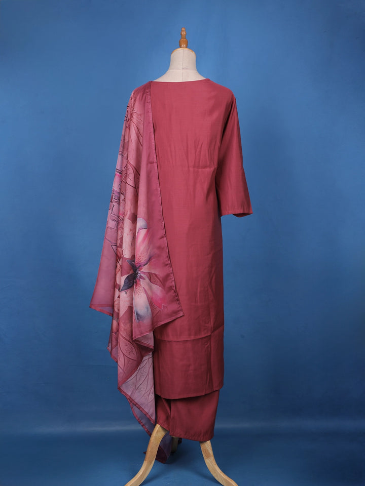 Rosewood Pink Floral Design Embroidered Print Semi Silk Salwar Suit - Diadem