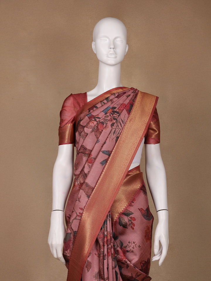 Rosewood Pink Tropical Bird Printed Semi Tussar Saree - Diadem
