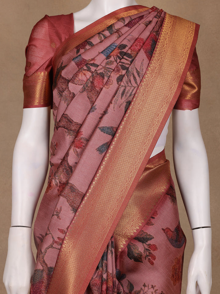 Rosewood Pink Tropical Bird Printed Semi Tussar Saree - Diadem