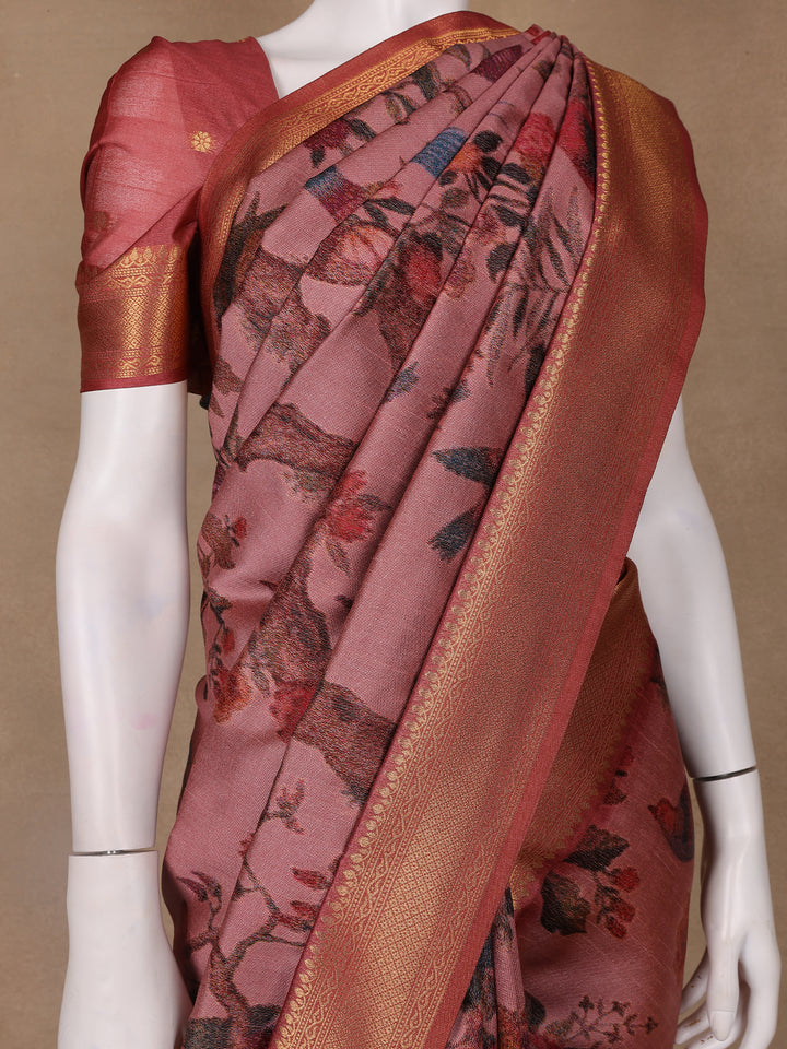 Rosewood Pink Tropical Bird Printed Semi Tussar Saree - Diadem