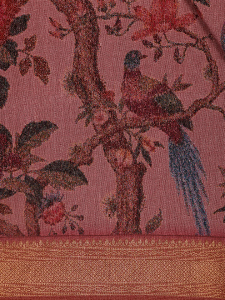 Rosewood Pink Tropical Bird Printed Semi Tussar Saree - Diadem