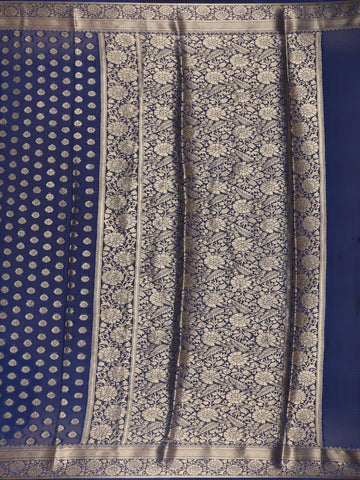 Royal Blue Antique Gold Zari Work Chiffon Silk Saree - Diadem