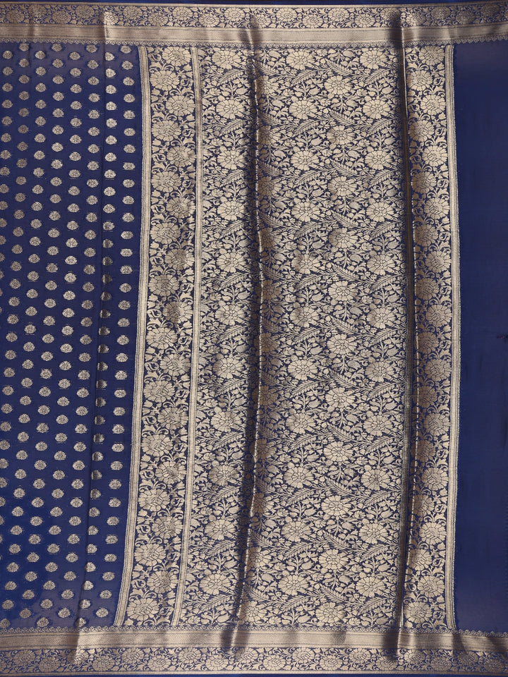 Royal Blue Antique Gold Zari Work Chiffon Silk Saree - Diadem