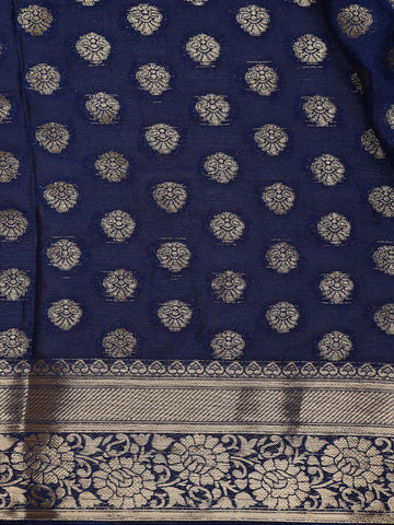 Royal Blue Antique Gold Zari Work Chiffon Silk Saree - Diadem