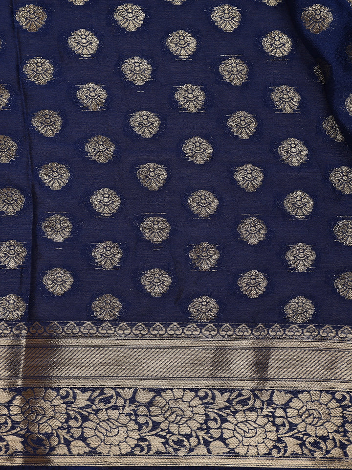 Royal Blue Antique Gold Zari Work Chiffon Silk Saree - Diadem