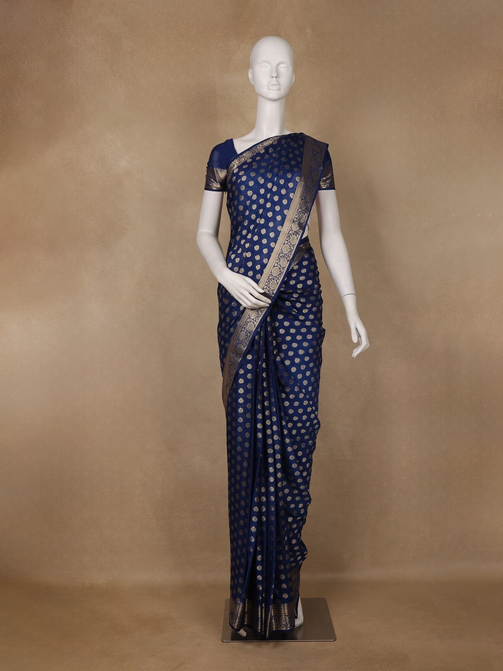 Royal Blue Antique Gold Zari Work Chiffon Silk Saree - Diadem