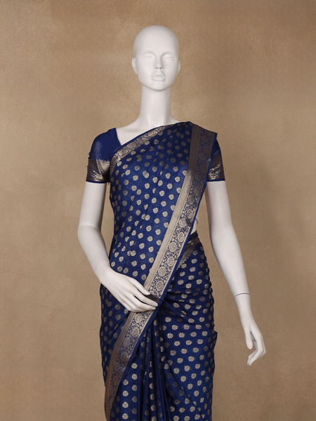 Royal Blue Antique Gold Zari Work Chiffon Silk Saree - Diadem