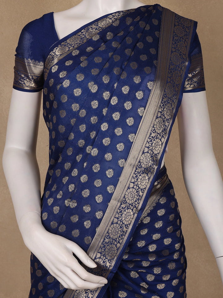 Royal Blue Antique Gold Zari Work Chiffon Silk Saree - Diadem