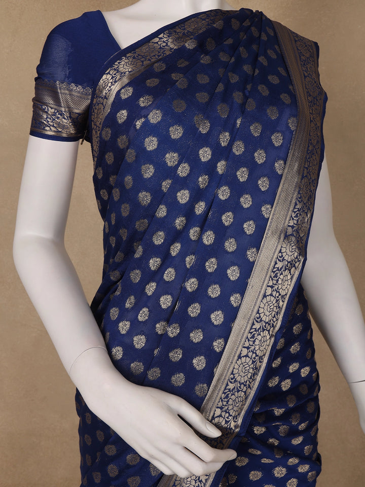 Royal Blue Antique Gold Zari Work Chiffon Silk Saree - Diadem
