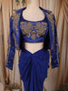 Royal Blue Floral Beads and Zardozi Embroidered Design Satin Party Wear Jacket Style Saree with Stitched Blouse