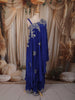 Royal Blue Floral Sequins and Zardozi Embroidered Design Satin Draped Palazzo Suit with Embroidered Hem Border