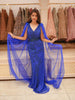 Royal Blue Heavy Kartana and Beads Embroidered Design Net Skirt and Top with Cape Sleeves