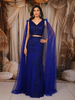 Royal Blue Heavy Kartana and Beads Embroidered Design Net Skirt and Top with Cape Sleeves