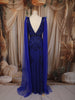 Royal Blue Heavy Kartana and Beads Embroidered Design Net Skirt and Top with Cape Sleeves