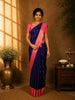 Royal Blue Small Butta Woven Pure Kanchipuram Silk Saree with Contrast Pink Zari Border