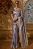 Royal Indigo Blue Leaf Butta Zari Woven Design Pure Organza Party Wear Saree with Zari Work Border