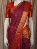 Cabernet Wine Mini Checked Zari Woven Design Pure Kanchipuram Silk Saree with Contrast Zari Border