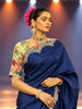 Royal Navy Blue Butta Zari Embroidered Design Pure Tussar Saree with Scalloped Border and Floral Designer Blouse