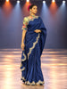 Royal Navy Blue Butta Zari Embroidered Design Pure Tussar Saree with Scalloped Border and Floral Designer Blouse
