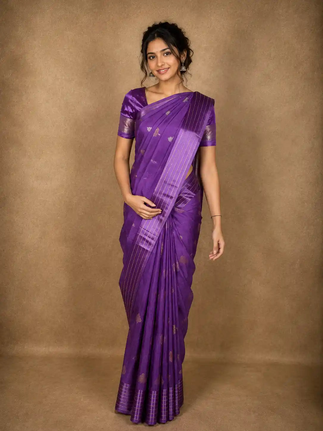 Royal Amethyst Purple Floral Butta Woven Design Semi Banarasi Saree with Striped Border