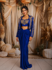 Royal Blue Floral Beads and Zardozi Embroidered Design Satin Party Wear Jacket Style Saree with Stitched Blouse