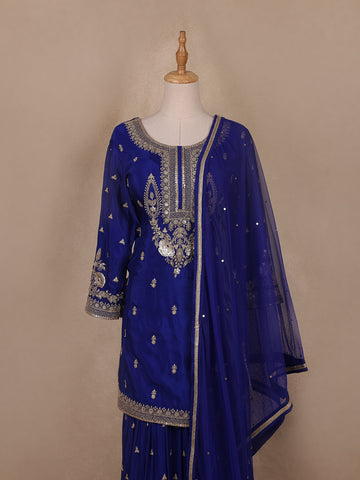 Royal Blue Floral Embroidery Crepe Sharara salwar Suit - Diadem