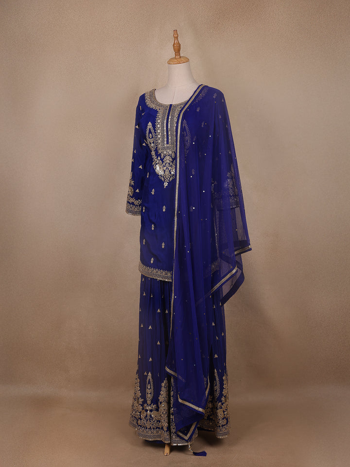 Royal Blue Floral Embroidery Crepe Sharara salwar Suit - Diadem