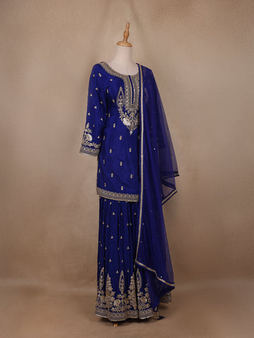 Royal Blue Floral Embroidery Crepe Sharara salwar Suit - Diadem