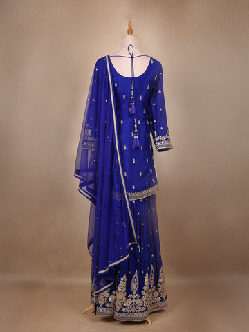 Royal Blue Floral Embroidery Crepe Sharara salwar Suit - Diadem