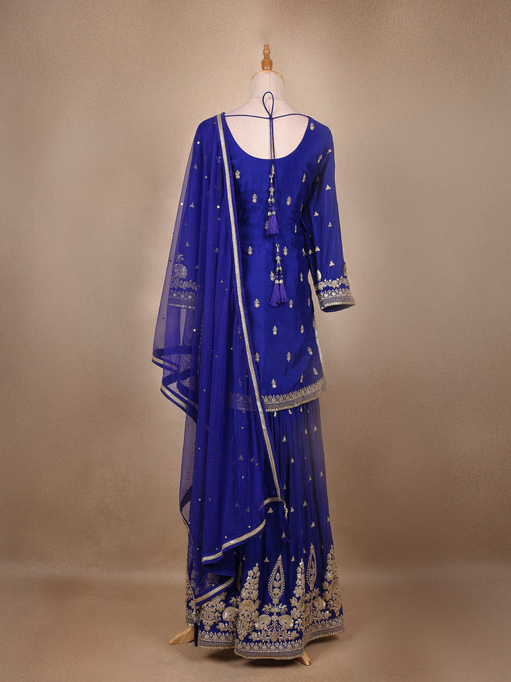 Royal Blue Floral Embroidery Crepe Sharara salwar Suit - Diadem
