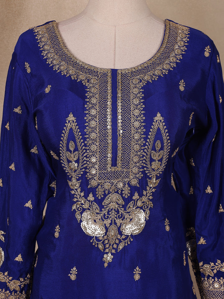 Royal Blue Floral Embroidery Crepe Sharara salwar Suit - Diadem