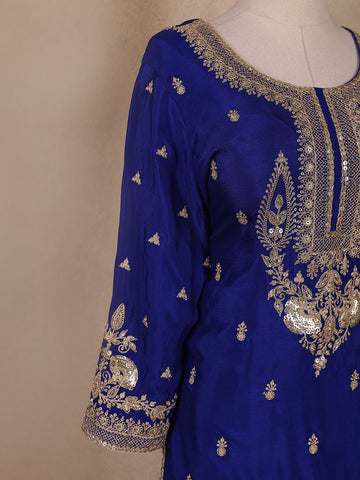 Royal Blue Floral Embroidery Crepe Sharara salwar Suit - Diadem