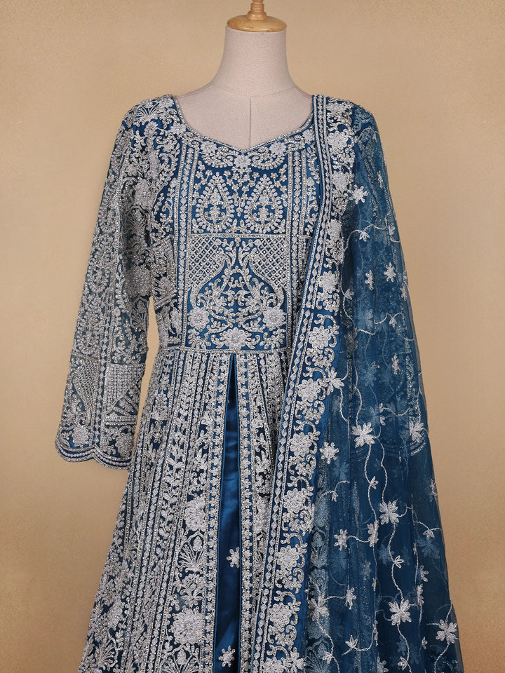 Royal Blue Floral Embroidery Net Bridal Gown - Diadem