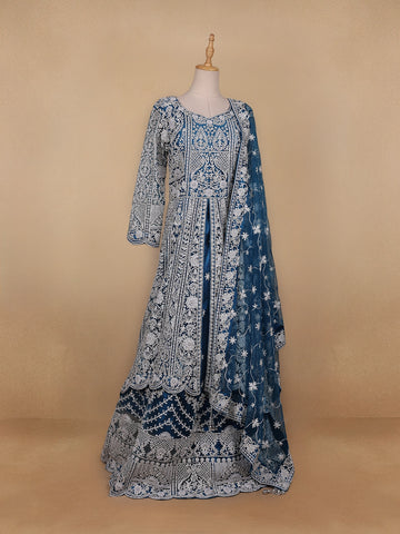 Royal Blue Floral Embroidery Net Bridal Gown - Diadem