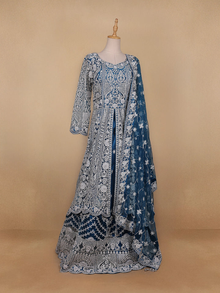 Royal Blue Floral Embroidery Net Bridal Gown - Diadem