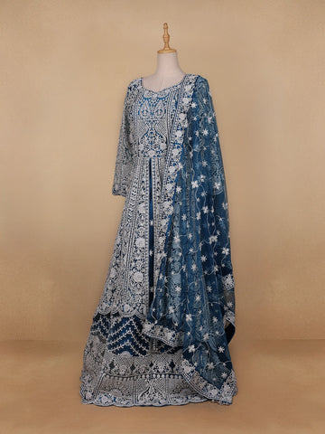 Royal Blue Floral Embroidery Net Bridal Gown - Diadem