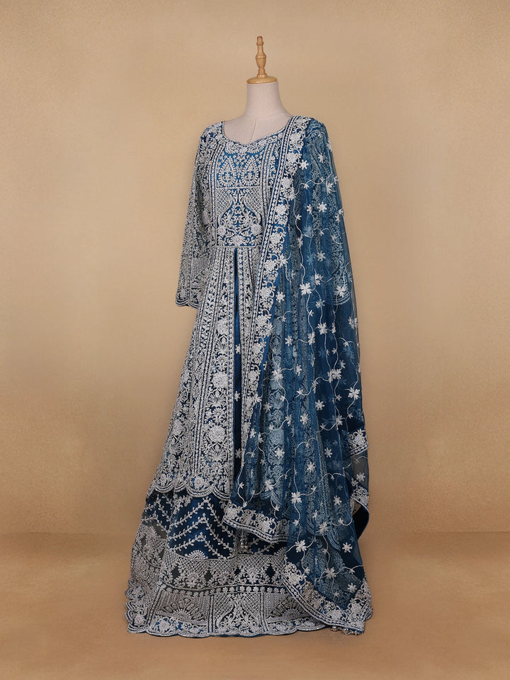 Royal Blue Floral Embroidery Net Bridal Gown - Diadem
