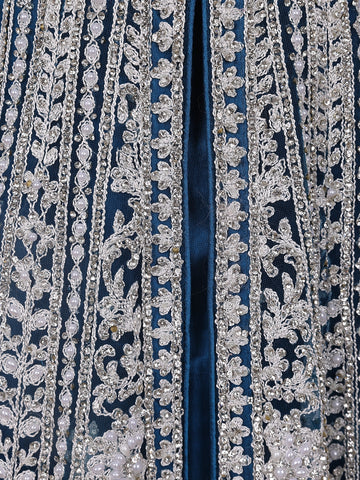 Royal Blue Floral Embroidery Net Bridal Gown - Diadem