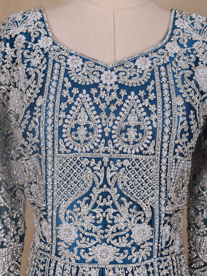 Royal Blue Floral Embroidery Net Bridal Gown - Diadem