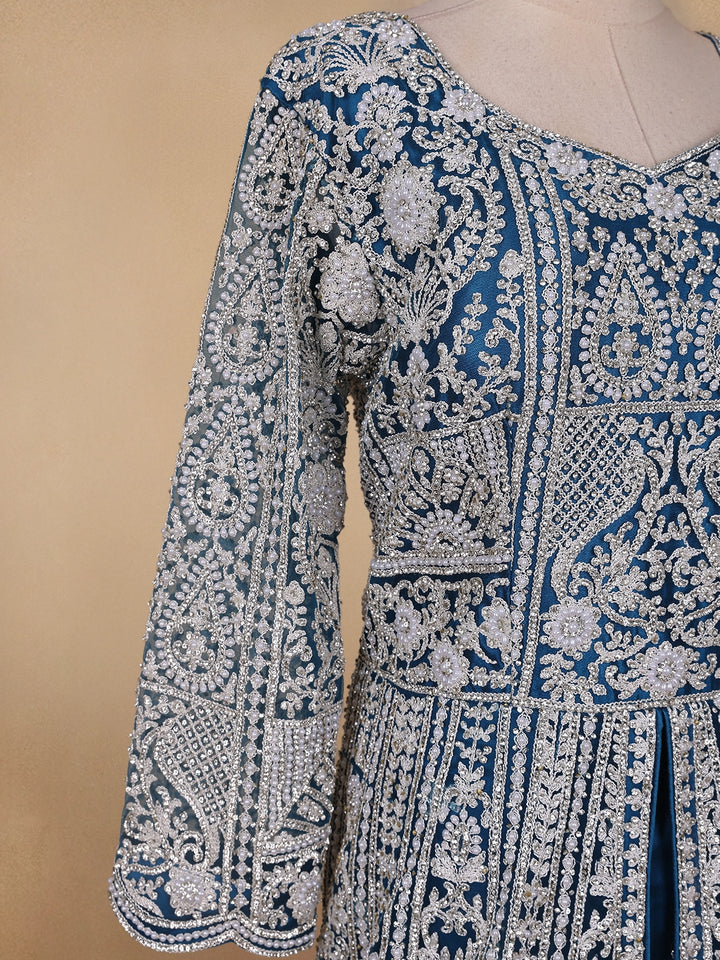 Royal Blue Floral Embroidery Net Bridal Gown - Diadem