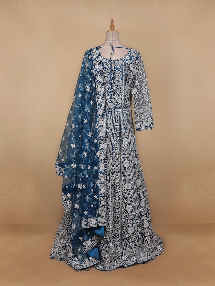 Royal Blue Floral Embroidery Net Bridal Gown - Diadem
