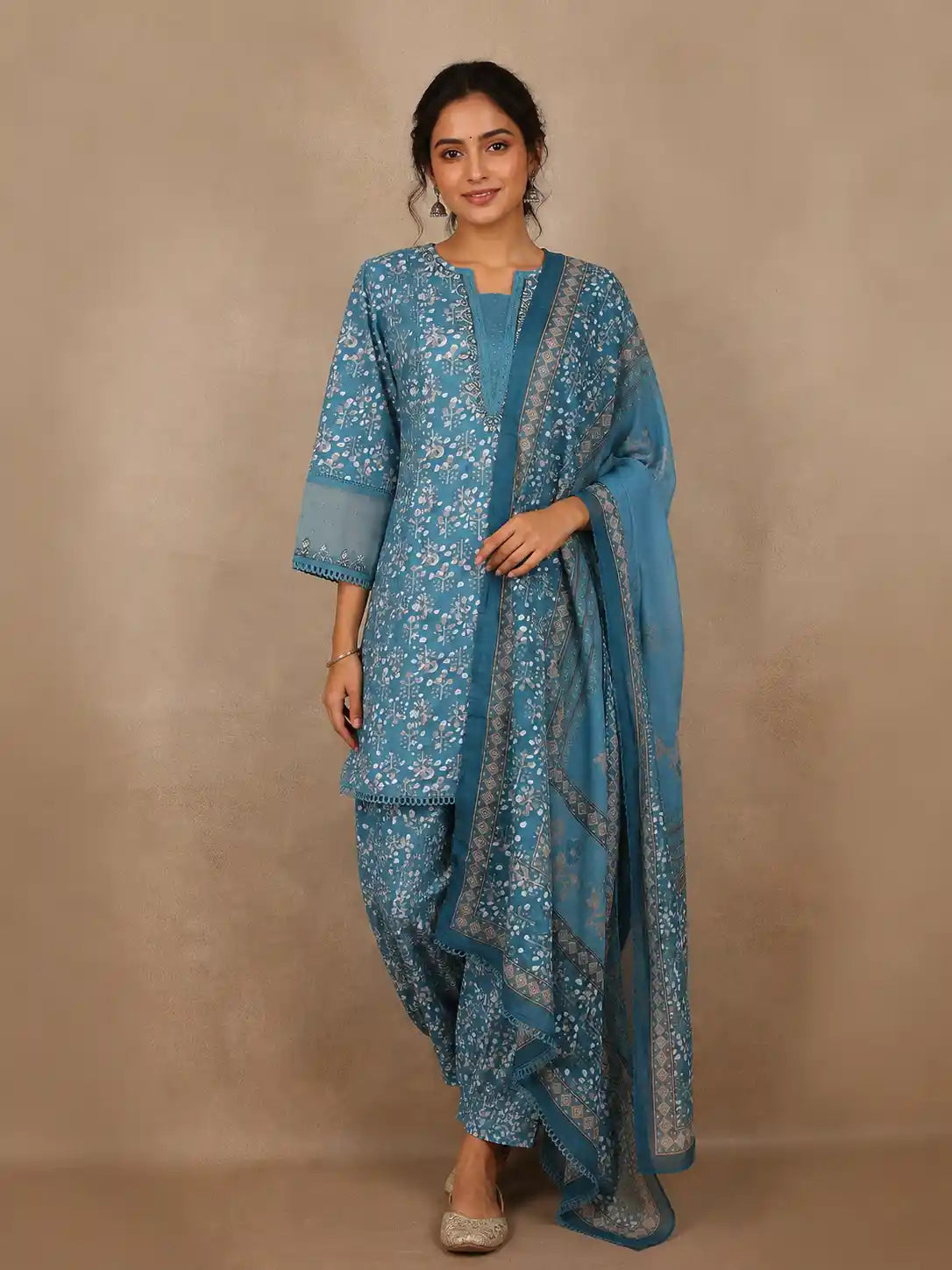 Royal Blue Floral Printed Design Cotton Salwar Suit with Mirror Work and Dupatta