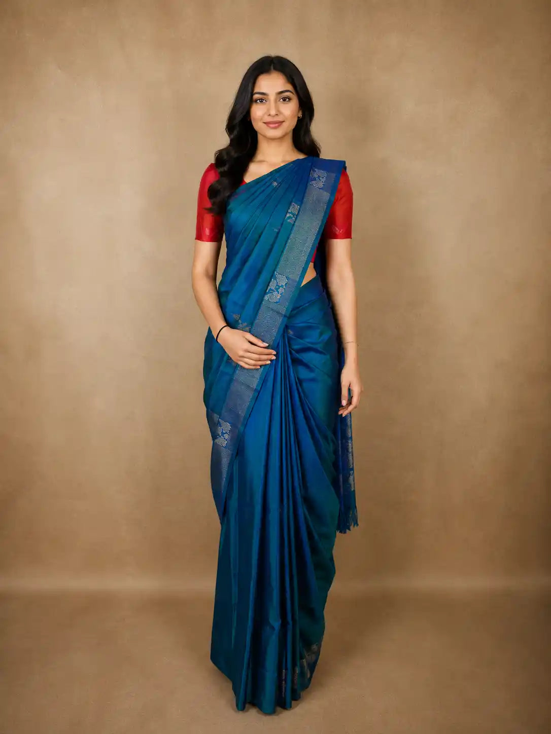 Royal Blue Leaf Woven Design Pure Kanchipuram Silk Saree with Self Border