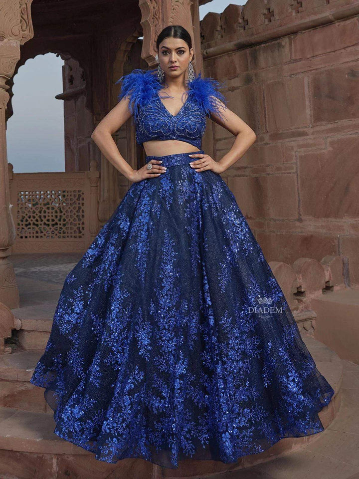 Royal Blue Net Wedding Bridal Lehenga with Floral Sequins Sleeveless Feather - Diadem