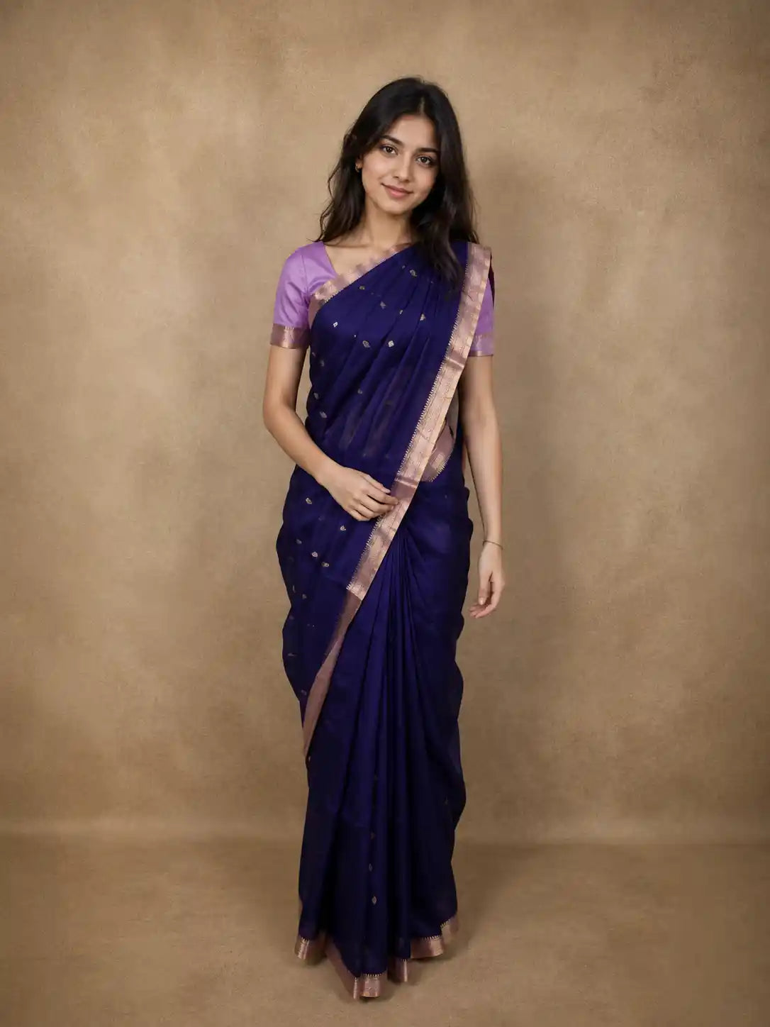 Royal Indigo Blue Butta Zari Woven Design Pure Banarasi Silk Saree with Contrast Mauve Zari  Border