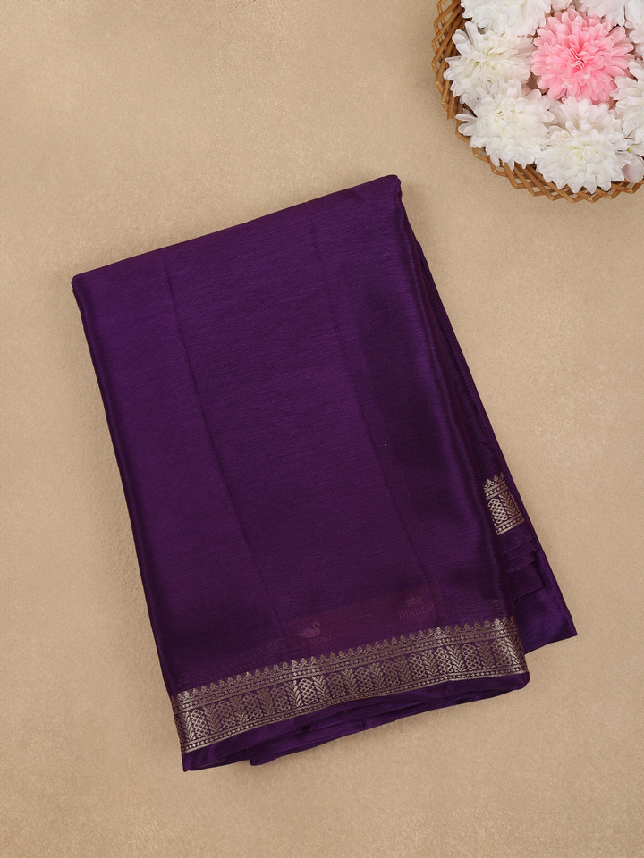 Royal Purple Antique Gold Zari Border Mysore Silk Saree - Diadem