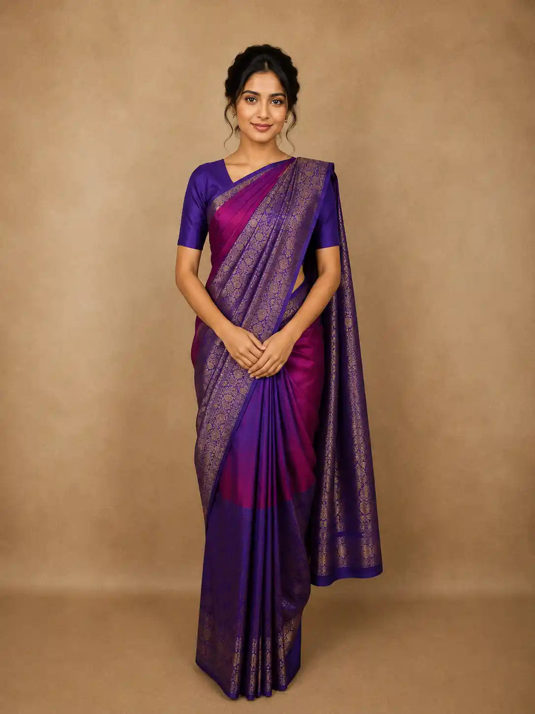 Royal Purple Floral Butta Zari Woven Design Pure Kanchipuram Silk Saree with Floral Border