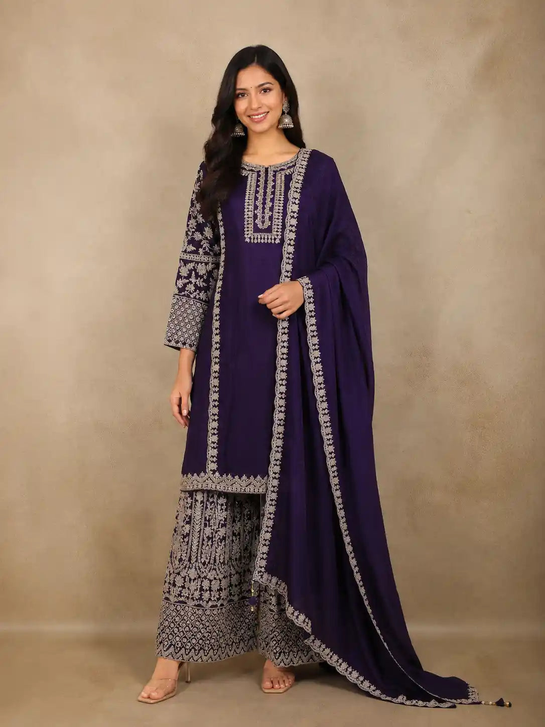 Royal Purple Floral Sequins and Thread Embroidered Crepe Palazzo Suit with Dupatta
