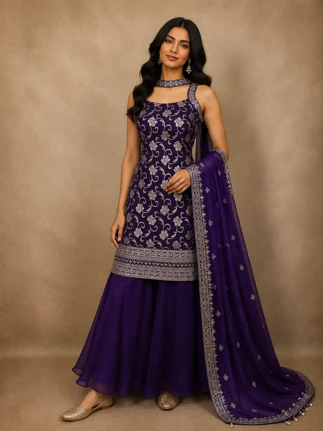 Royal Purple Floral Zari Woven Design Banarasi Silk Palazzo Suit with Choker Dupatta