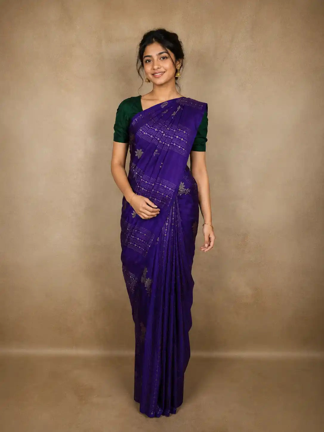 Royal Purple Floral Zari Woven Design Pure Kanchipuram Silk Saree with Self Border